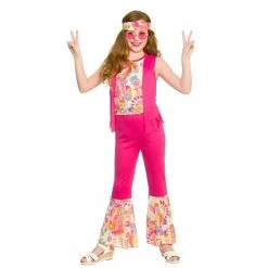 Girls Groovy Hippie Fancy Dress Costume 60s Pink Flares