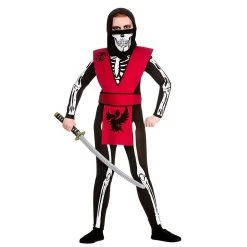 Skeleton Ninja Kids Red Black Suit Bones Fancy Dress Costume