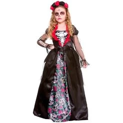 Girls Deluxe Day Of The Dead Fancy Dress Costume Red Black