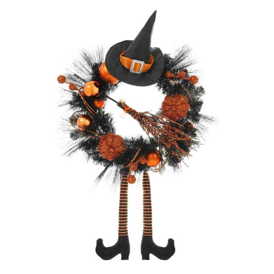 24" Orange Witch Halloween Wreath Sparkly Hanging Decoration 1 24" Orange Witch Halloween Wreath Sparkly Hanging Decoration