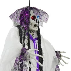 4ft Hanging Skeleton Flashing Eyes Purple Bow Webs Decoration -Halloween Store XS7452 4 opt